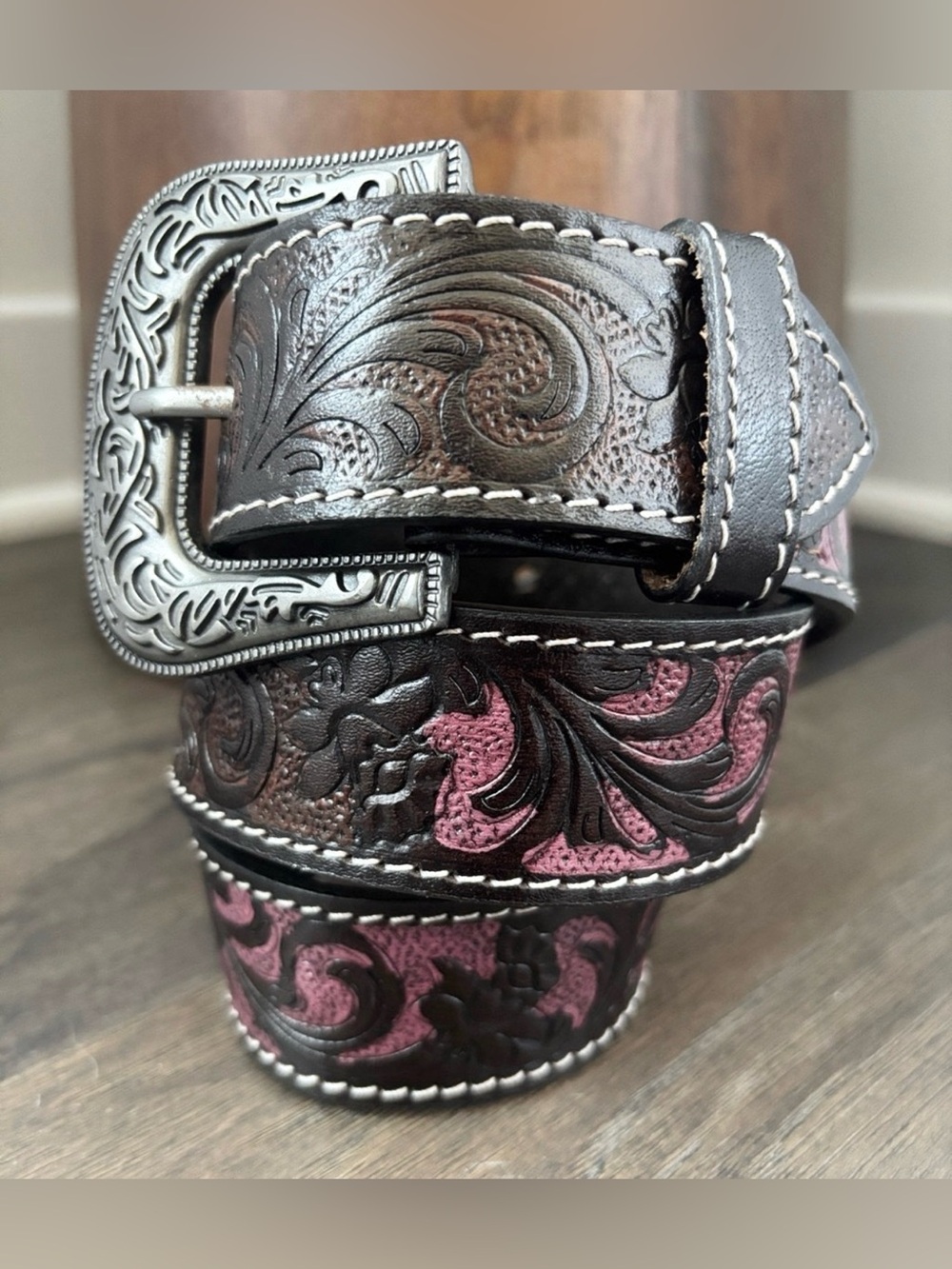 American Bison Genuine Leather,tooled floral,pink accents, gunmetal buckle